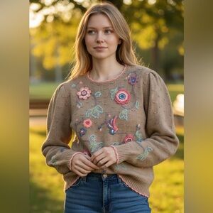 Vintage Northern Isles Hand Knit Boho Floral Embroidered Sweater